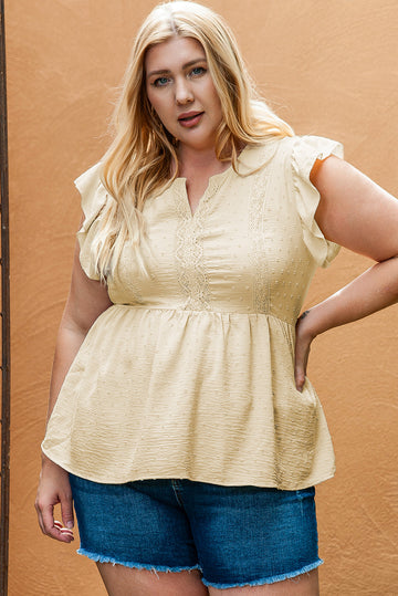 Golden Fleece Plus Size Swiss Dot Lace Trim Split Neck Babydoll Top BB Fashion Outlet