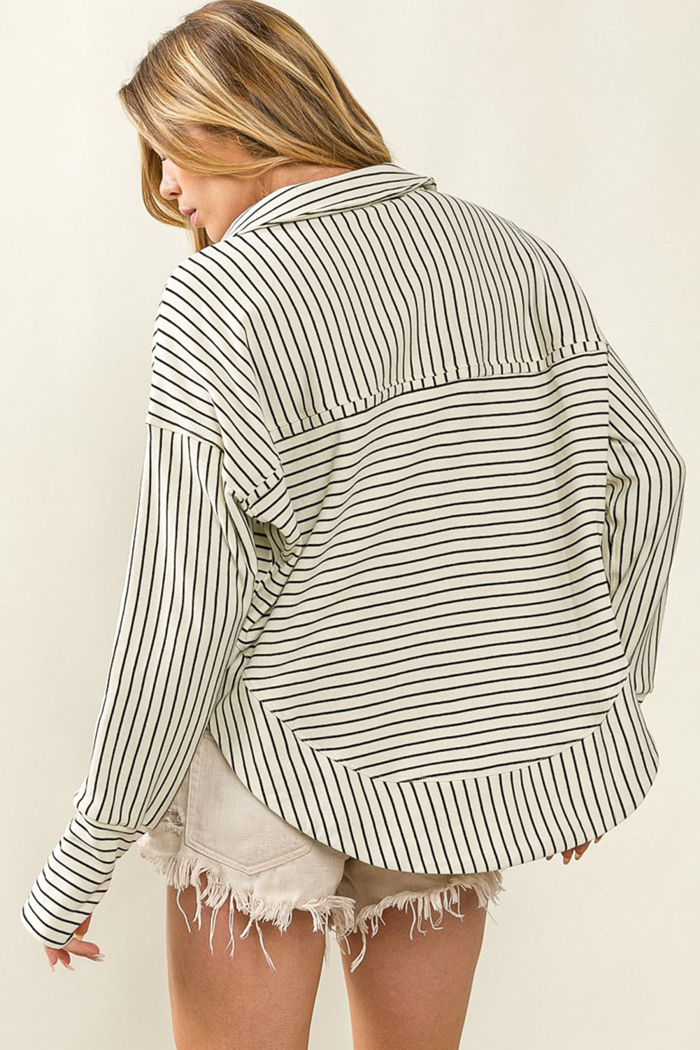 White Striped Thumbhole Drop Shoulder V Neck Top eAura