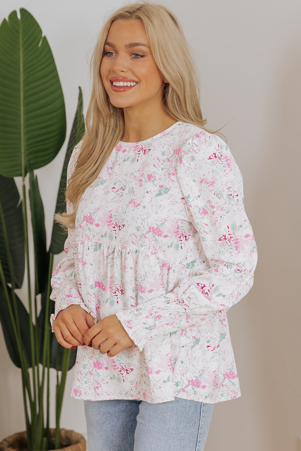 Pink Floral Print Shirred Balloon Sleeve Keyhole Back Babydoll Blouse eAura