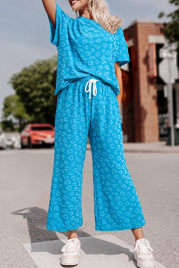 Blue Leopard Jacquard Short Sleeve Top and Wide Leg Trousers Set eAura