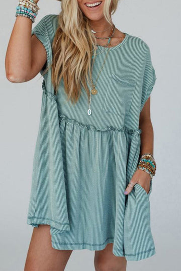 Canton Ribbed Knit Textured Patched Pocket Frilled Swing Mini Dress with Pockets eAura