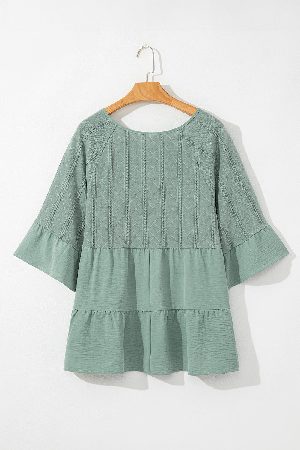 Laurel Green Tie Split Neck Textured Ruffle Patchwork Blouse eAura