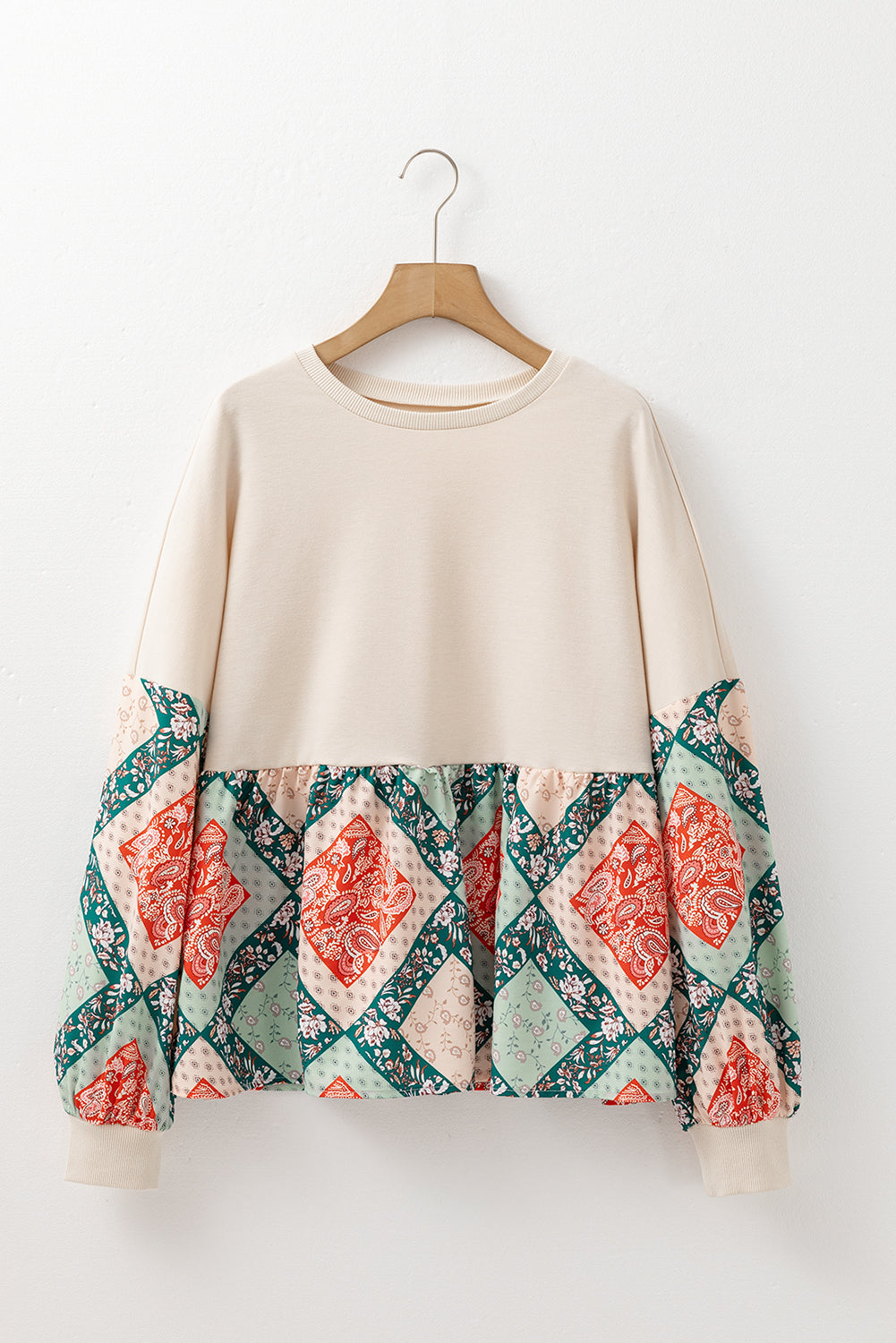 Jet Stream Paisley Geometric Patchwork Crew Neck Loose Fit Top eAura