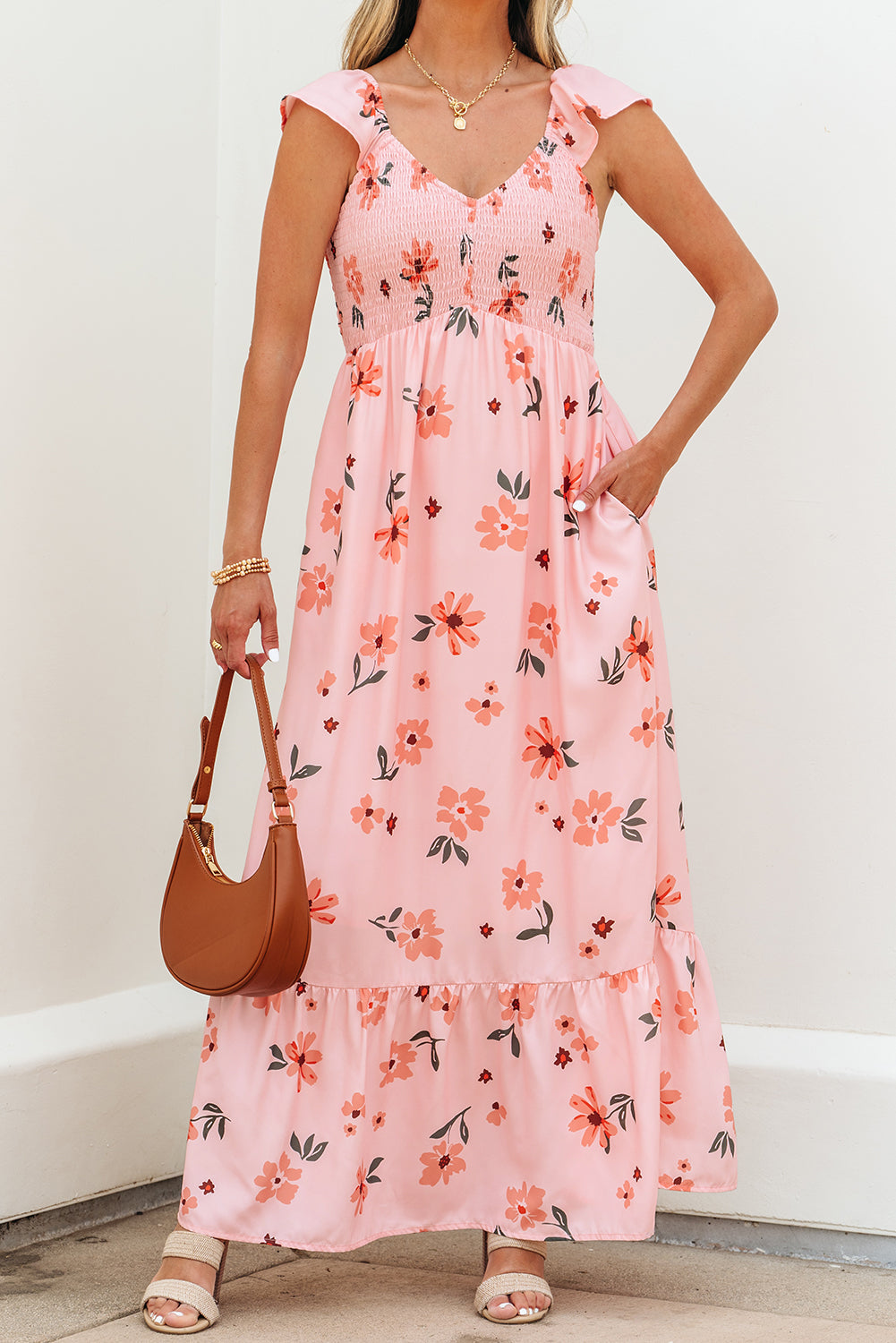 Pink Floral V Neck Smocked Ruffle Hem Maxi Dress eAura