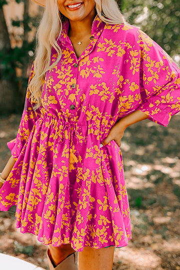 Pink Floral Print Drawstring Tunic Flowy Short Dress eAura