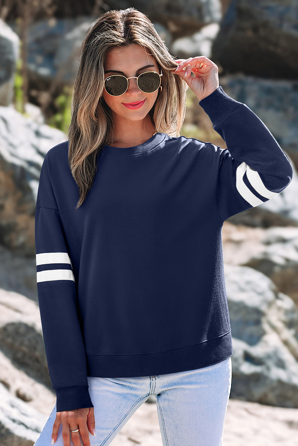 Striped Detail Drop Shoulder Oversized Sweatshirt eAura