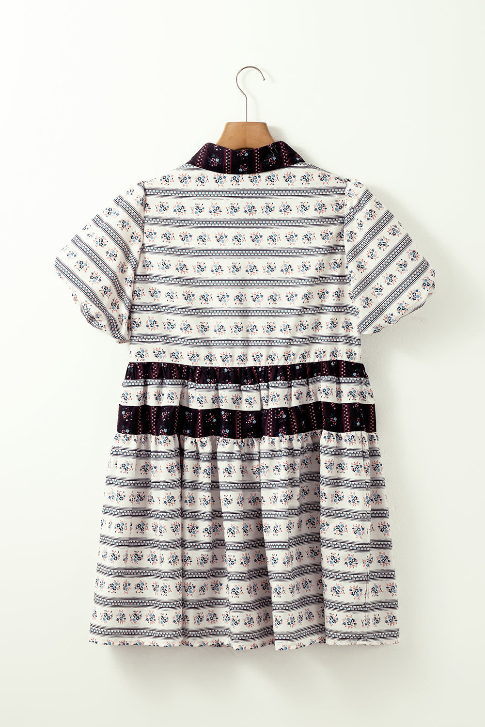 Black Boho Floral Striped Contrast Trim Bubble Sleeve Flared Dress eAura