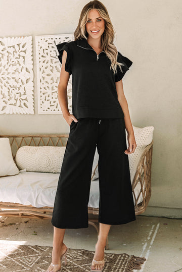 Black Textured Flutter Sleeve Top Wide Leg Trousers Set Co-ord eAura