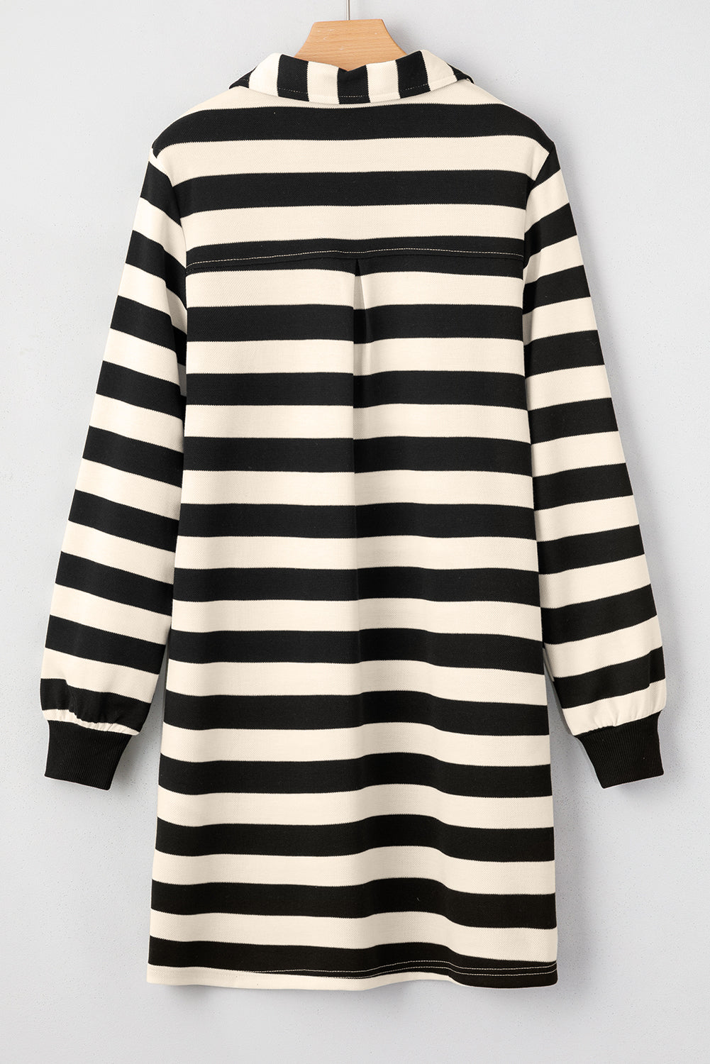 Black Stripe Collared V Neck Long Sleeve Loose Casual Dress eAura