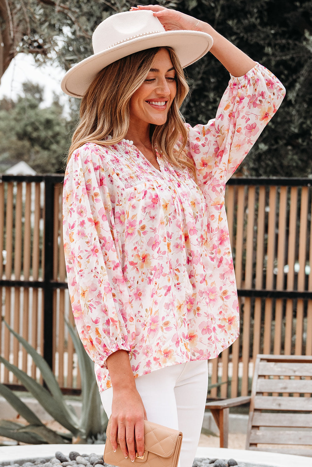 Pink Floral Print Tassel Tie Smocked V Neck Puff Sleeve Tunic Blouse eAura