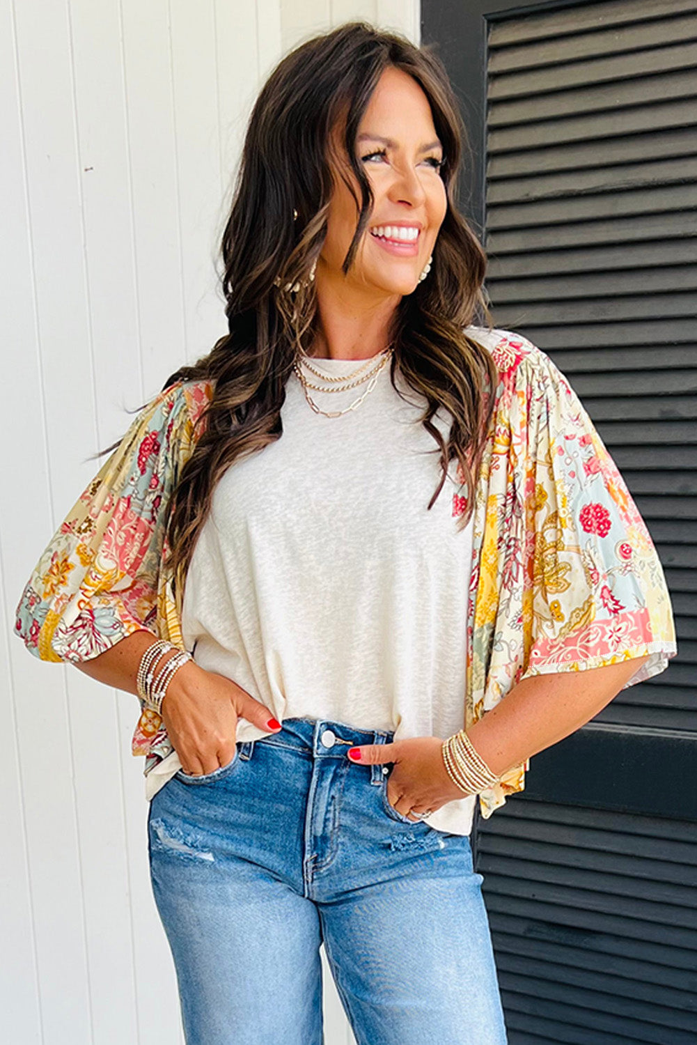 Beige Floral Patchwork Half Batwing Sleeve Blouse eAura