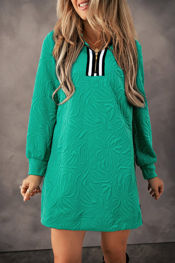 Sea Green Jacquard Textured Quarter Zipper Shift Mini Dress eAura