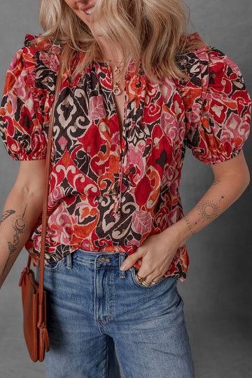 Red Ethnic Print Split Neck Short Puff Sleeve Blouse eAura