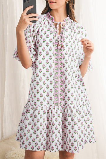 Pink Floral Print Bubble Sleeve Neck Tie Ruffled Dress eAura