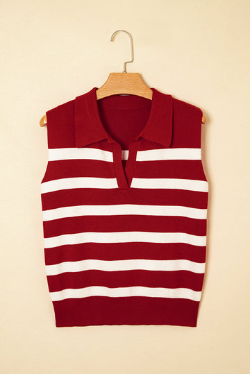 Red Stripe Collared Split Neck Sweater Vest eAura