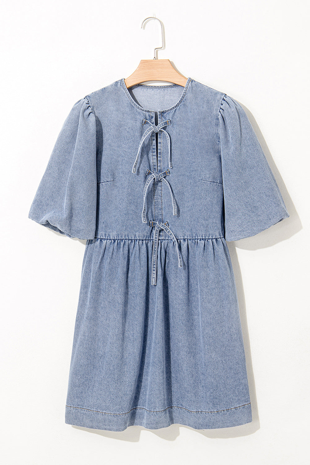 Dusk Blue Bowknot Bubble Sleeve Short Denim Dress eAura