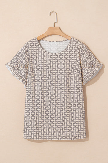 Khaki Plus Size Geometric Print Ruffled Sleeve Blouse BB Fashion Outlet