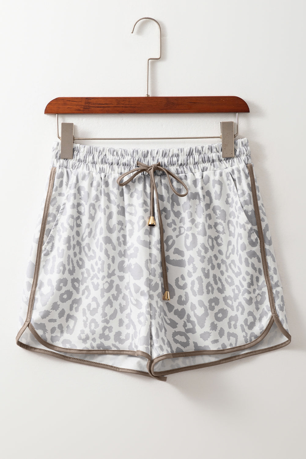 White Leopard Elastic Waist Lace up Contrast Trim Casual Shorts eAura