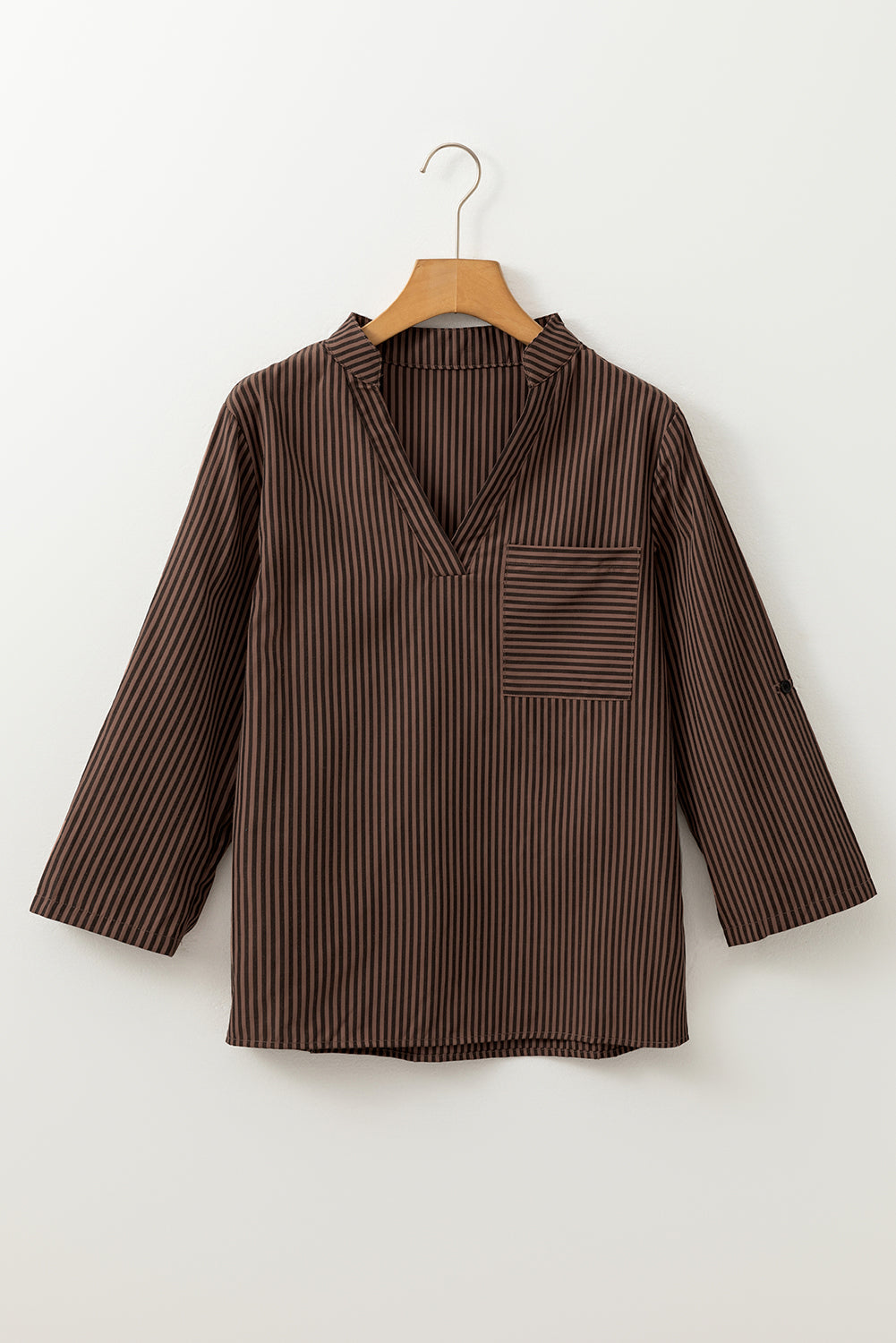 Brown Stripe V Neck Roll Up Sleeve Pocket Patched Classic Shirt eAura