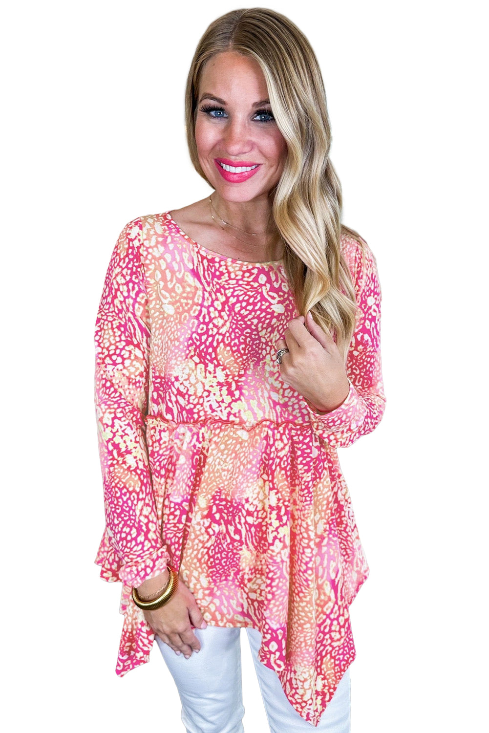 Rose Classic Leopard Print Handkerchief Hem Tunic Top eAura