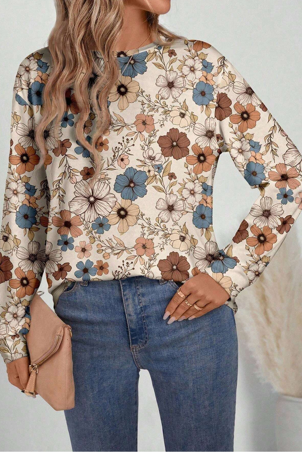 Khaki Floral Print Loose Crew Neck Long Sleeve T Shirt eAura