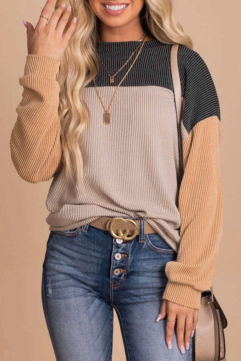 Pink Colour Block Long Sleeve Ribbed Loose Top eAura