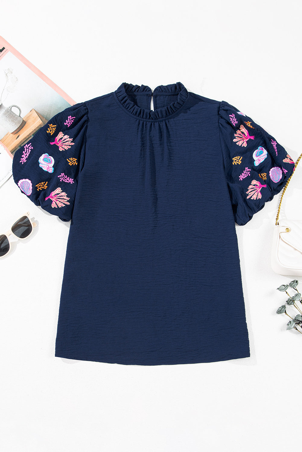 Sail Blue Shellfish Coral Embroidery Puff Sleeve Frilled Neck Blouse eAura