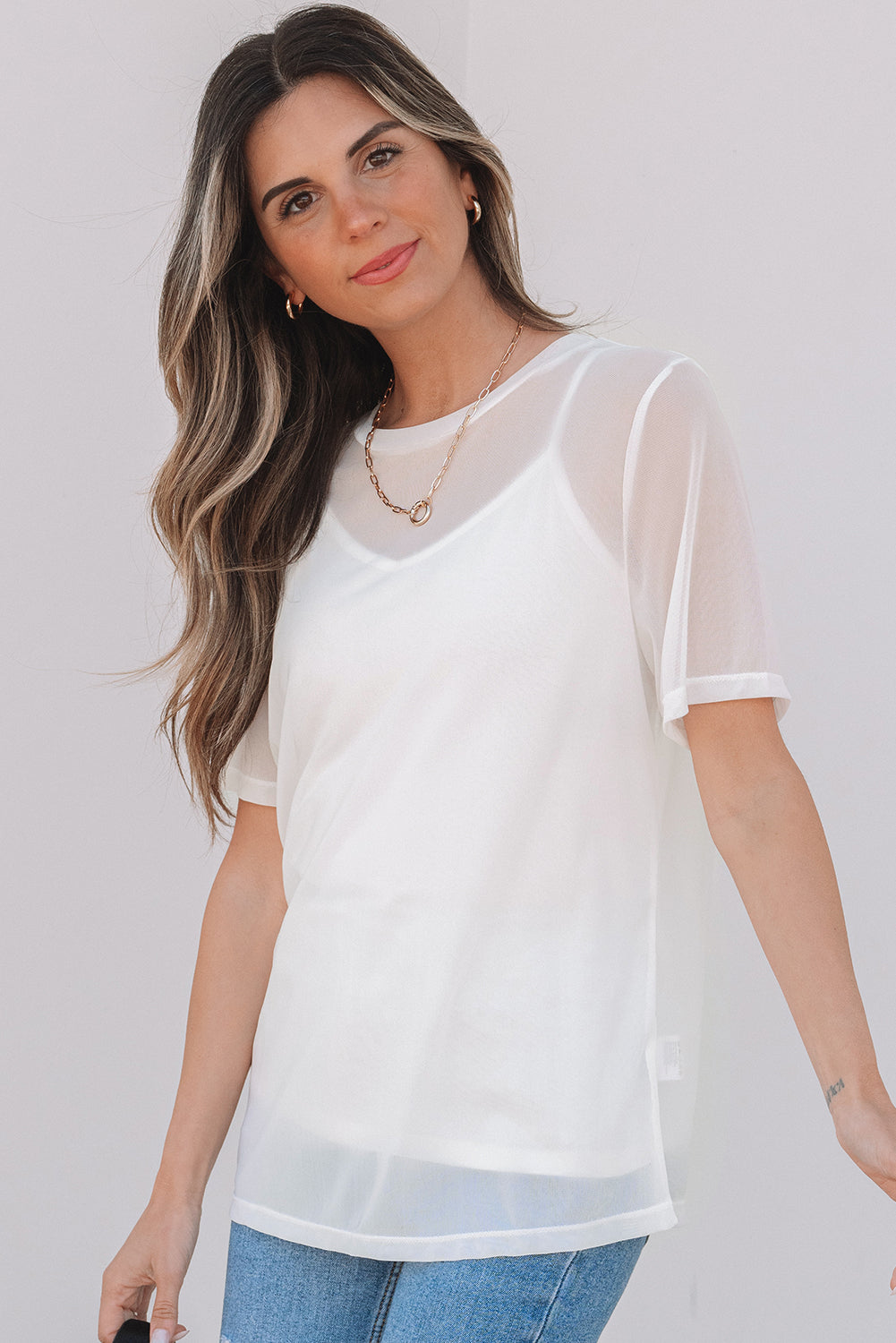 White Solid Colour Sheer Mesh Patchwork Short Sleeve Top eAura
