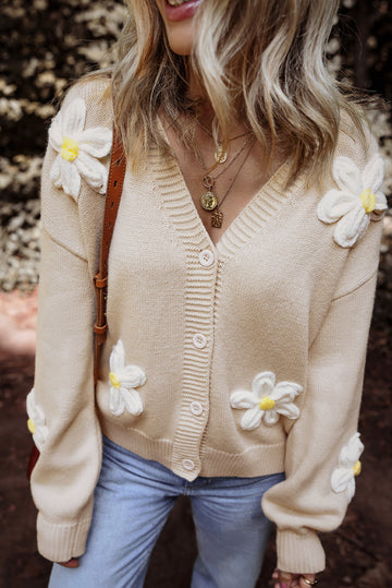 Parchment Elegant Flower Decor Button Front Cardigan eAura