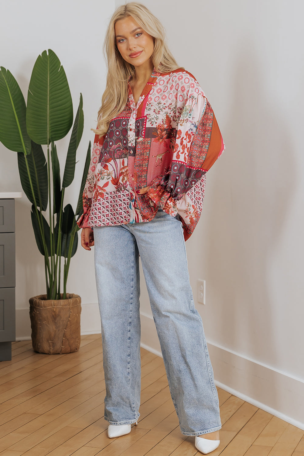 Red Boho Geometric Mixed Print Patchwork Bubble Sleeve Shirt eAura