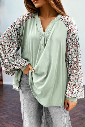 Contrast Printed Bubble Sleeve Henley Loose Top with Slits eAura