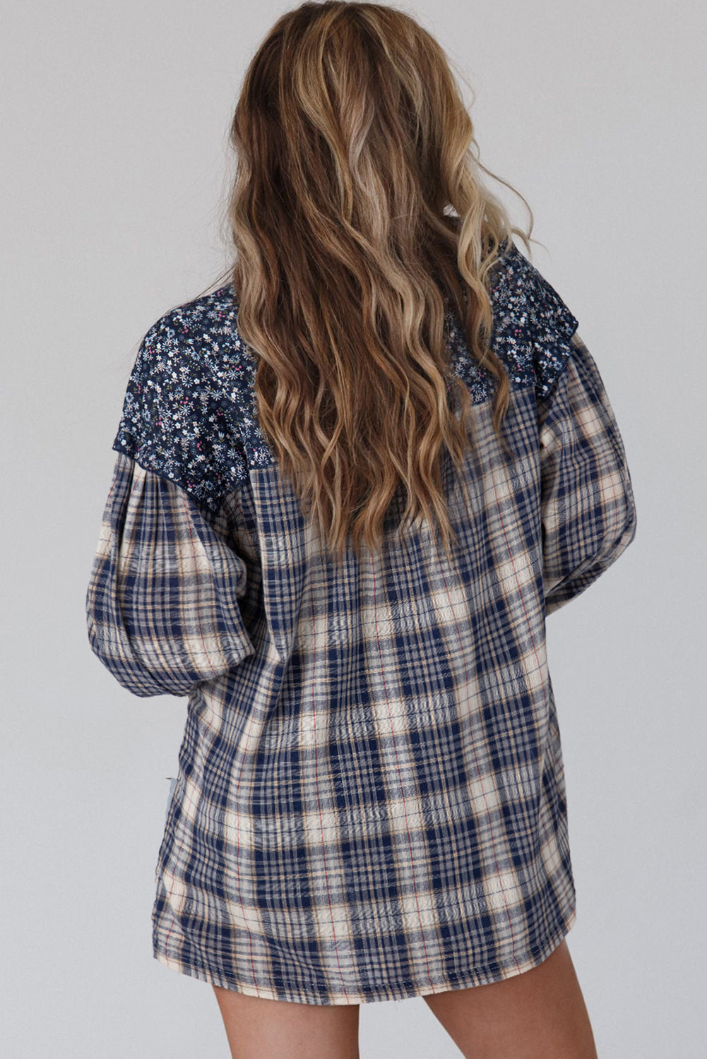 Fiery Red Floral Plaid Mixed Print Bishop Sleeve Patchwork Top eAura