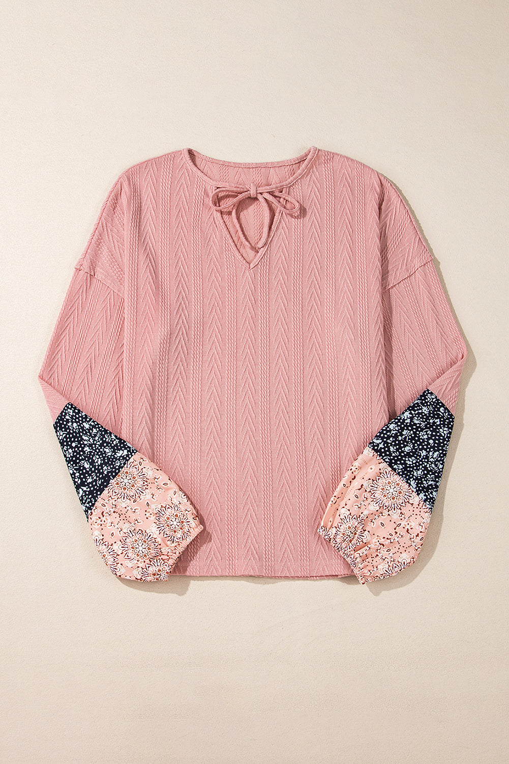 Dusty Pink Floral Patchwork Textured Knit Drawstring V Neck Blouse eAura