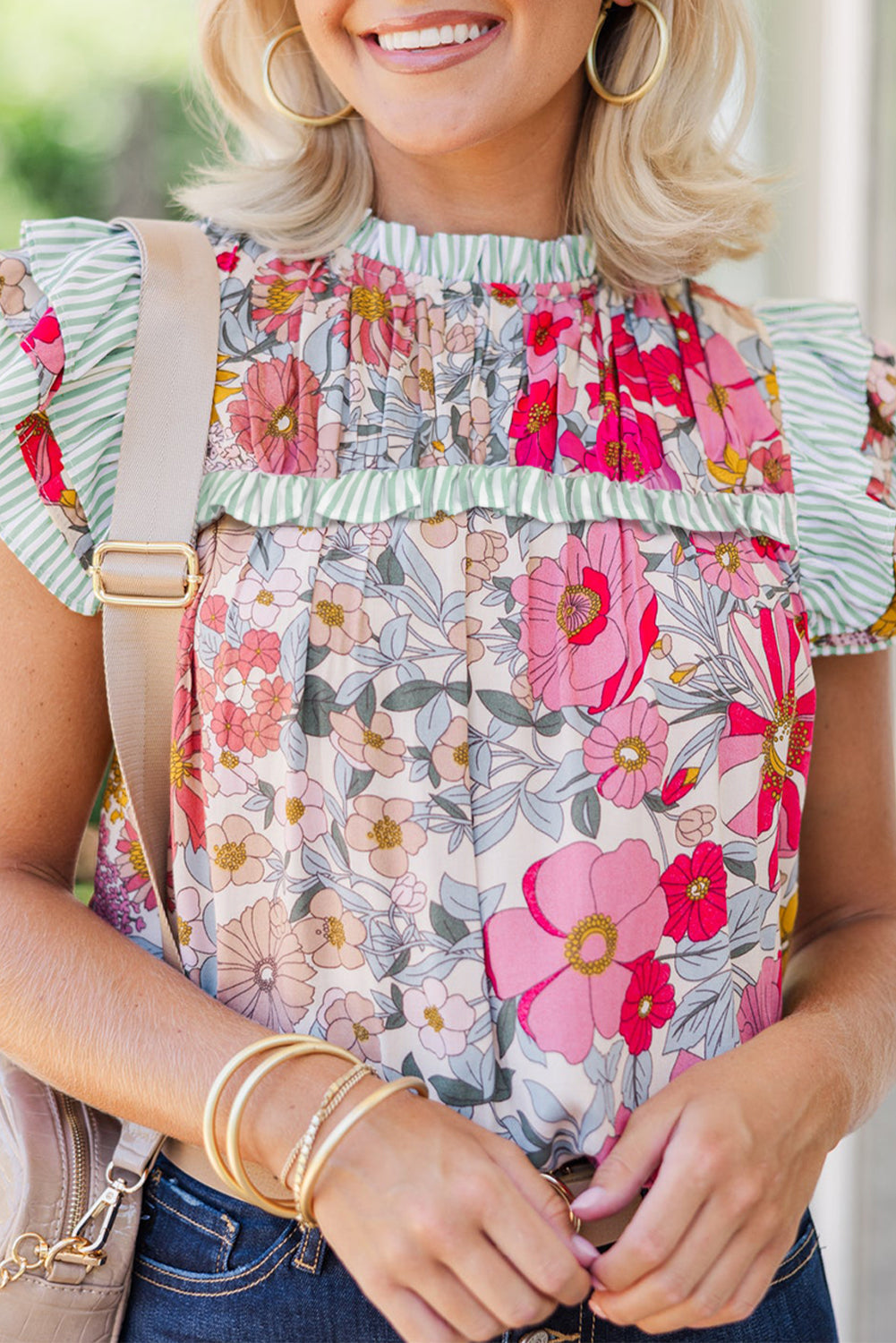 Pink Floral Print Contrast Ruffle Trim Short Sleeve Blouse eAura