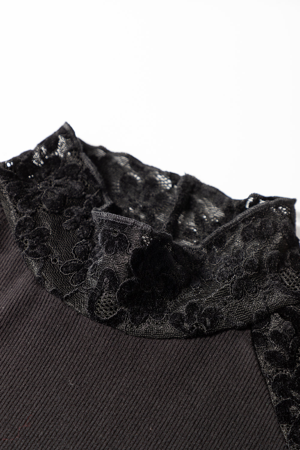 Black Floral Lace Patchwork Long Sleeve High Neck Slim Top eAura