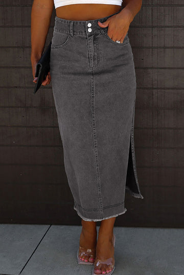 Black Raw Edge Side Slits Buttoned Midi Denim Skirt eAura