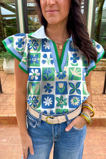 Green Floral Plaid Colourblock Trim Collar Flutter Sleeve Blouse eAura