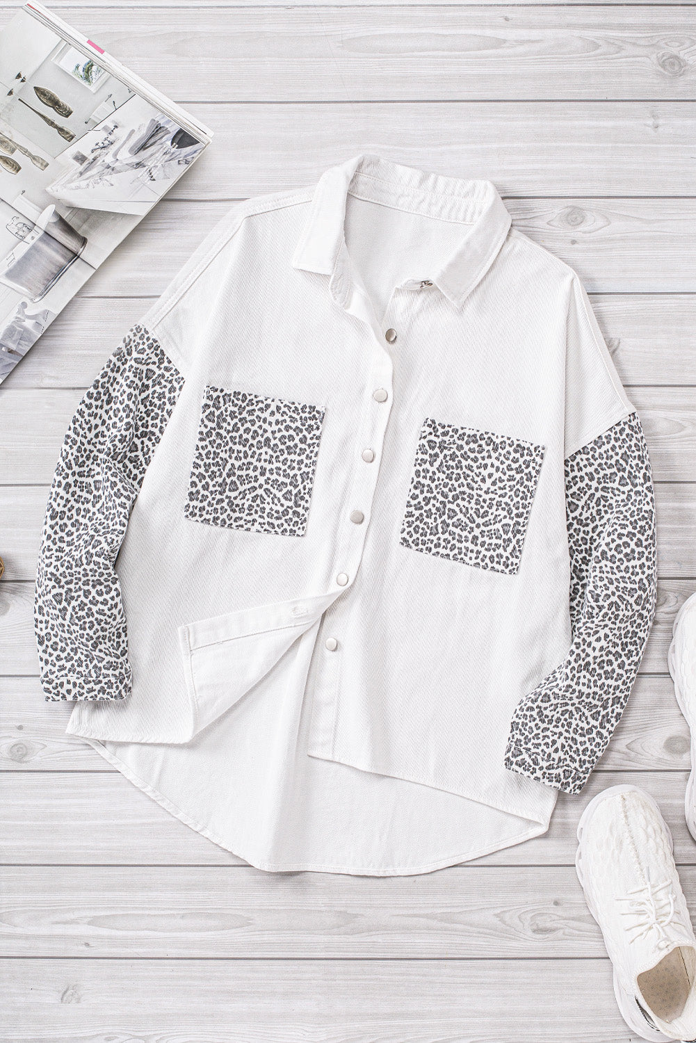White Contrast Leopard Denim Jacket eAura