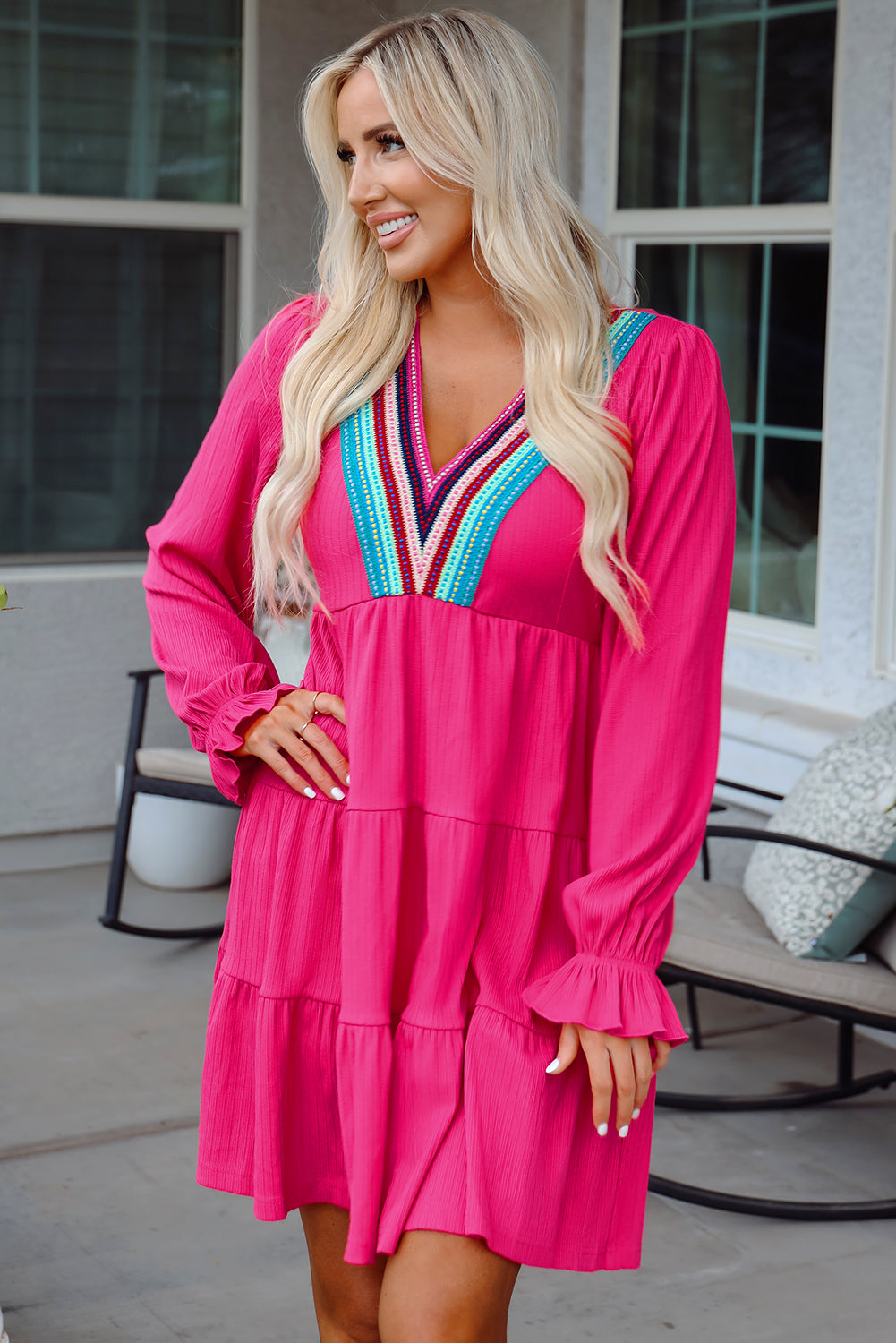 Rose Red Colourful Crochet V Neck Textured Tiered Ruffled Long Sleeve Mini Dress eAura
