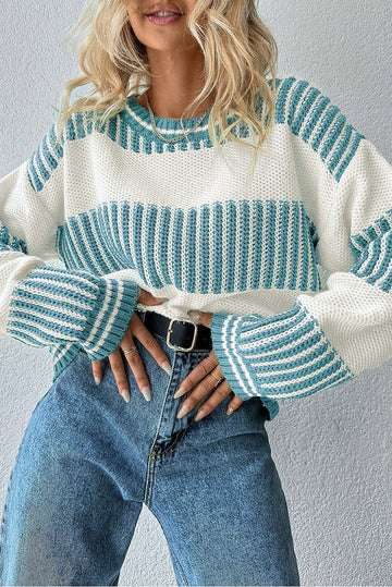 Two Tone Striped Patchwork Drop Shoulder Oversized Sweater eAura
