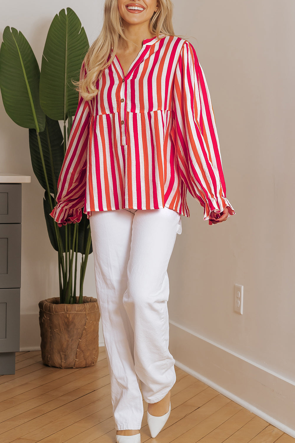 Orange Stripe Balloon Sleeve Notched V Neck Buttoned Front Blouse eAura