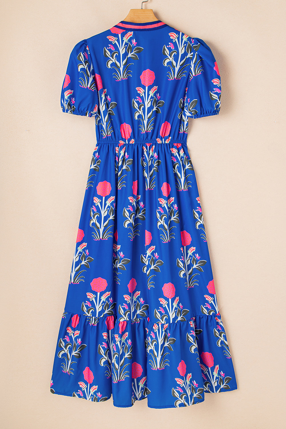 Floral Puff Short Sleeve V Neck High Waist Maxi Dress eAura