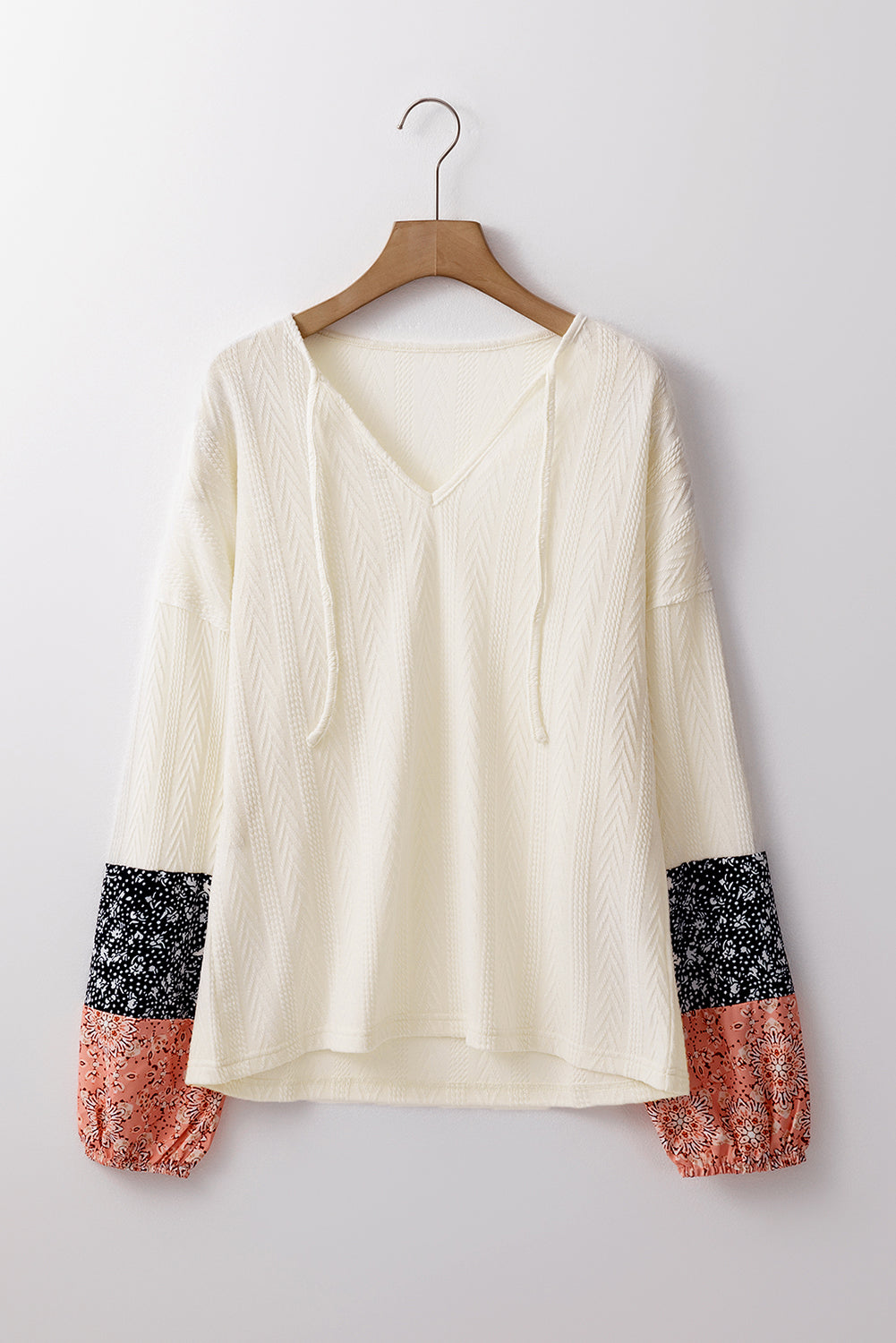 Beige Floral Patchwork Textured Knit Drawstring V Neck Blouse eAura