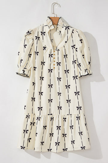Beige Cute Bowknot Printed Bubble Sleeve V Neck Mini Dress eAura