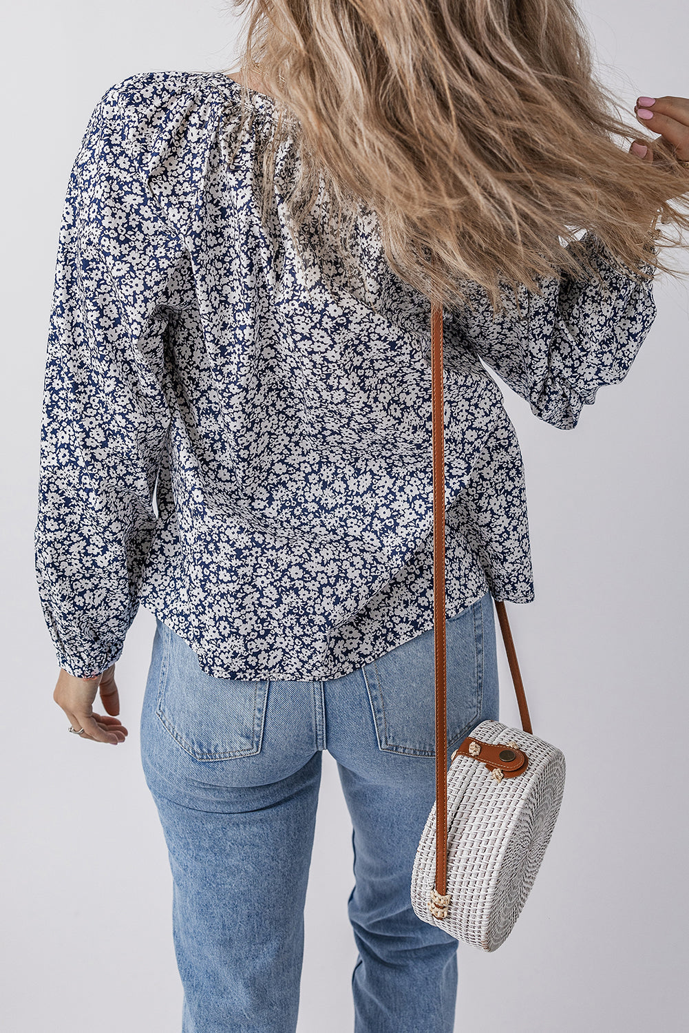 Blue Floral Print Notched V Neck Puff Sleeve Blouse eAura