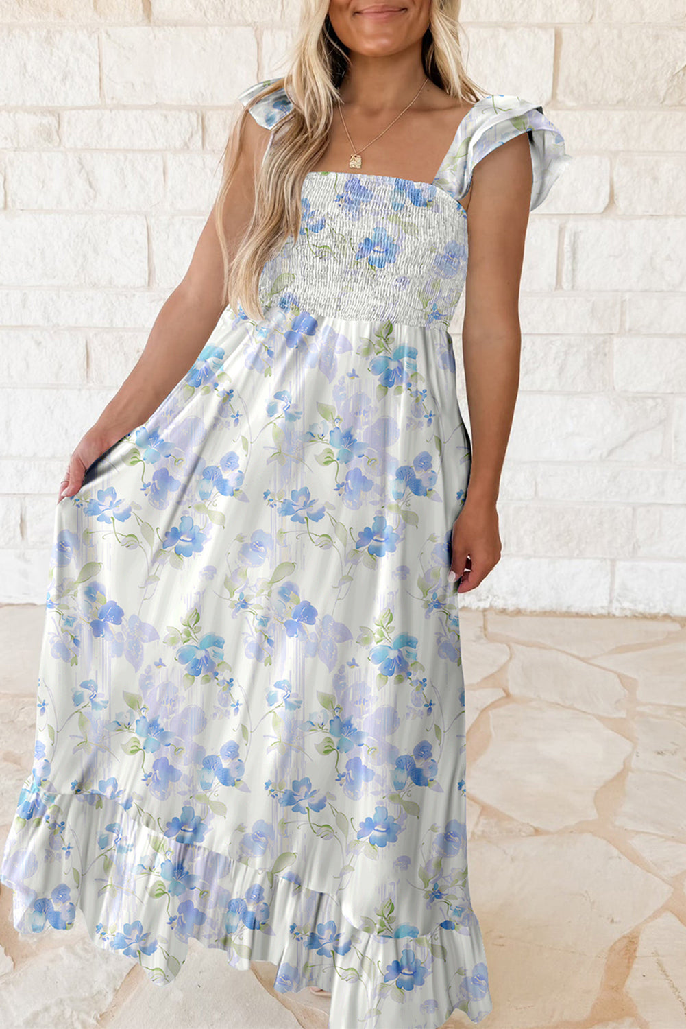 Sky Blue Floral Smocked Ruffle Sleeveless Maxi Dress eAura