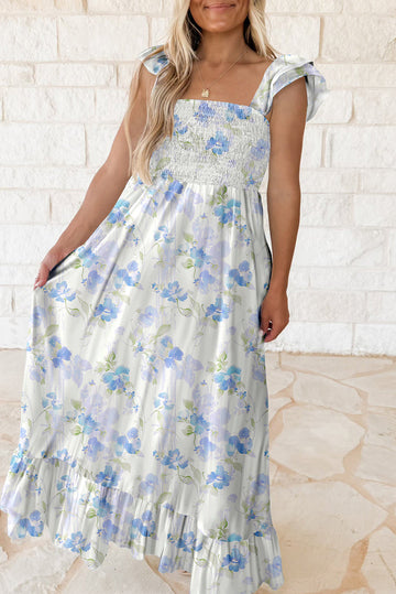 Sky Blue Floral Smocked Ruffle Sleeveless Maxi Dress eAura