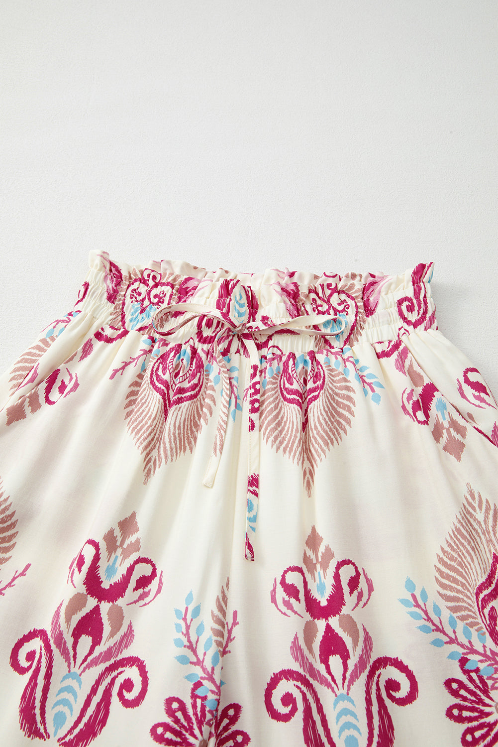 Rose Boho Print Shirred High Waist Wide Leg Trousers eAura