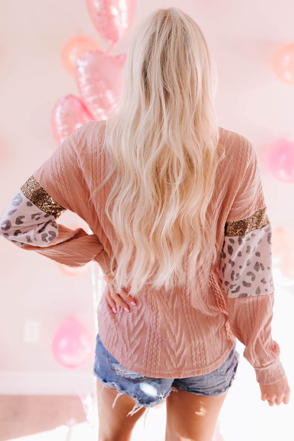 Pink Leopard Sequin Splicing Sleeves Textured Knit Top eAura