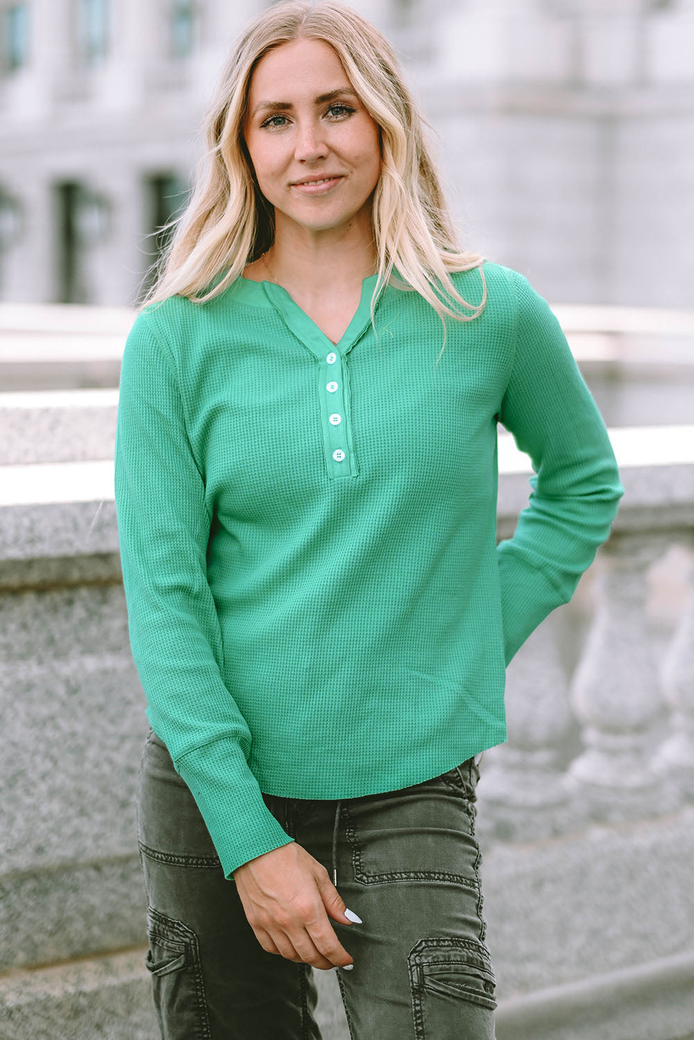 Green Trimmed Neckline Waffle Knit Henley Top eAura